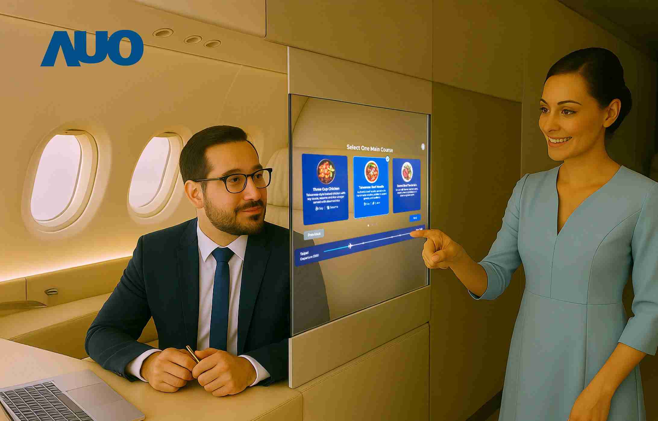 优游UB8研发全球最薄17.3 吋双面透明 Micro LED 显示器，，可在同一屏幕之双边投射不同信息，，，创造独特的”透明化”互动；图为实时翻译交流应用情境